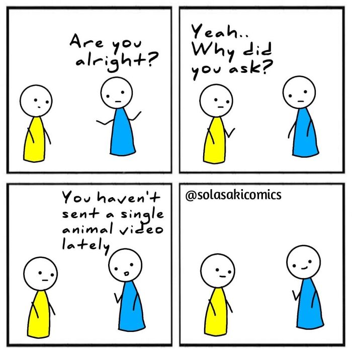 Comic illustrating a unique perspective on everyday conversations about sharing animal videos.