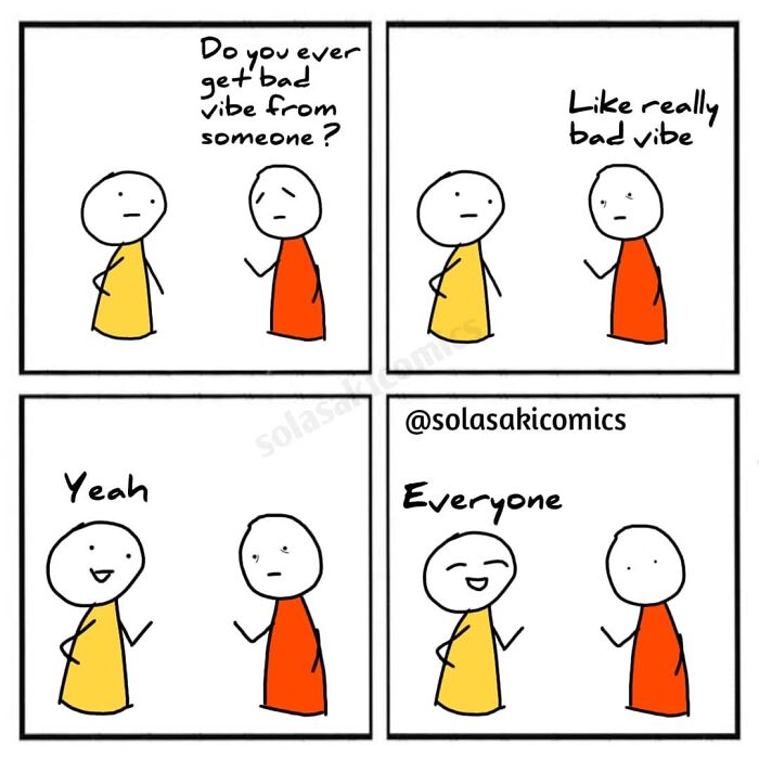 Two figures humorously discuss getting bad vibes from others in a clever comic strip.