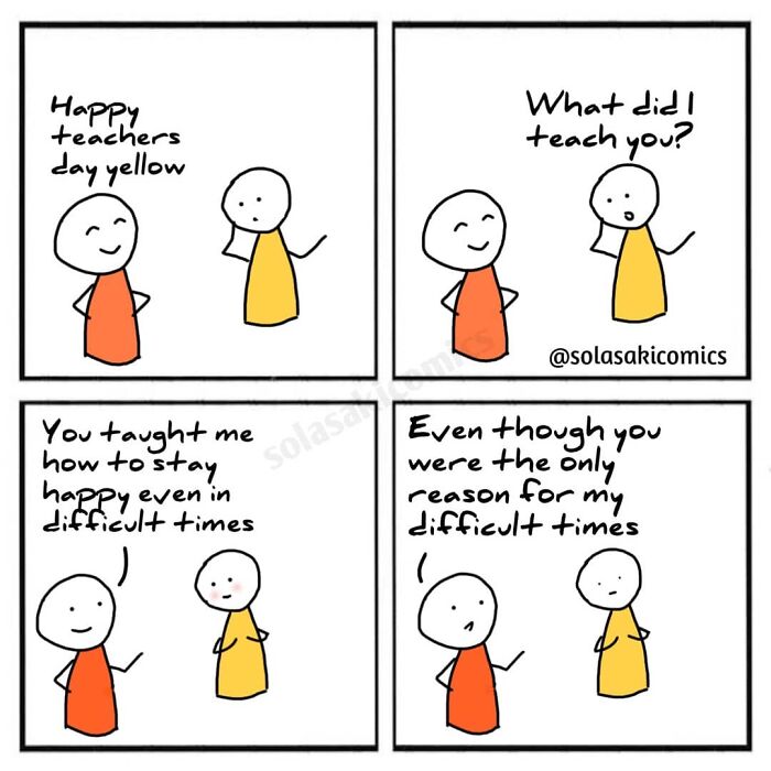 Two stick figures exchange a humorous dialogue about teaching and difficult times in a cleverly hilarious comic.