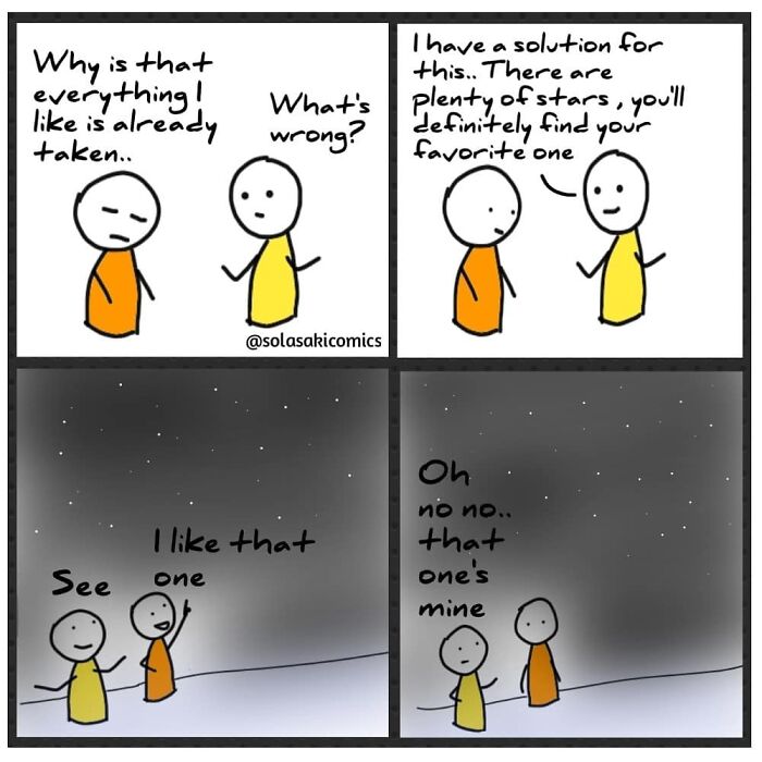 Comic by artist offering unique perspective on everyday experiences with humorous star selection scenario.