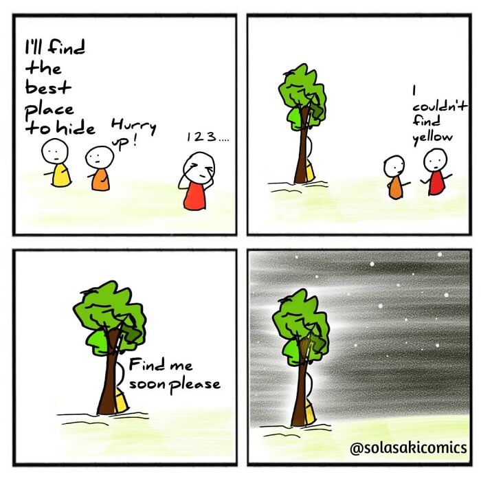 Comic strip with stick figures attempting to hide, offering a unique perspective on humor and everyday experiences.