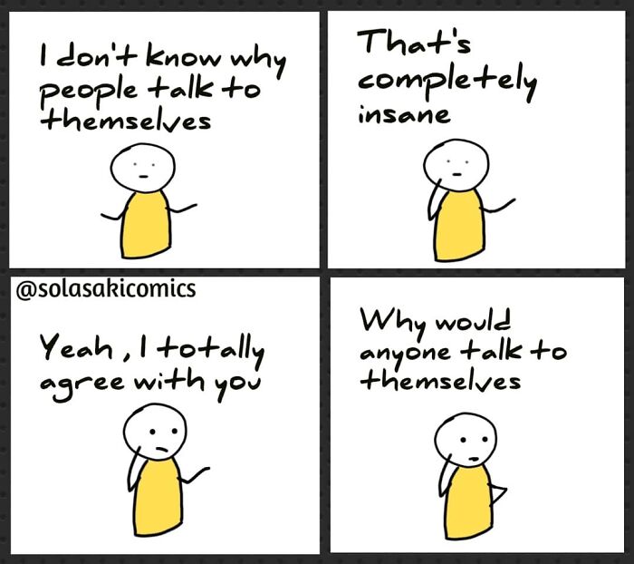 Comic strip by artist with character humorously questioning talking to oneself.