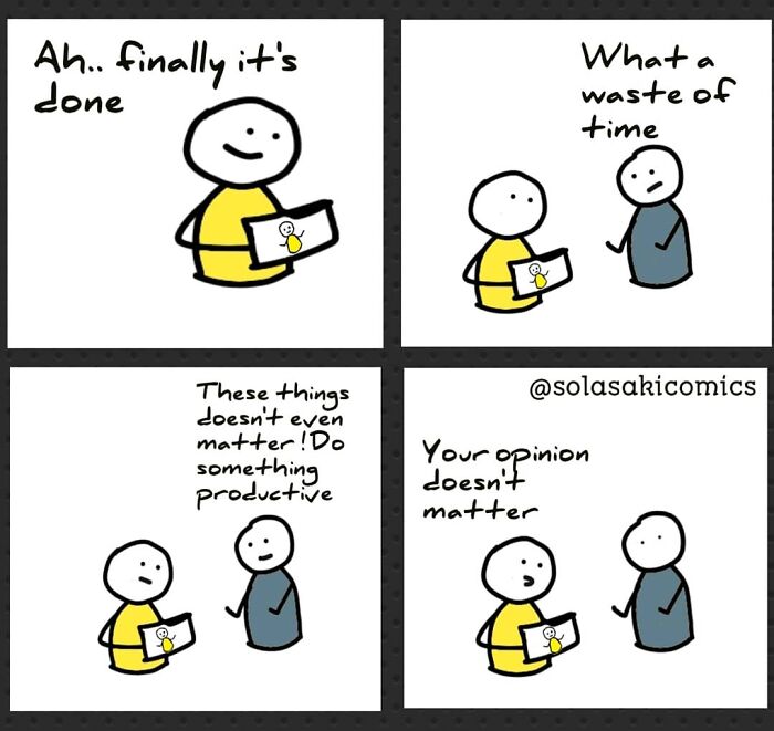 Two stick figures humorously debate the value of a completed task in a comic strip.