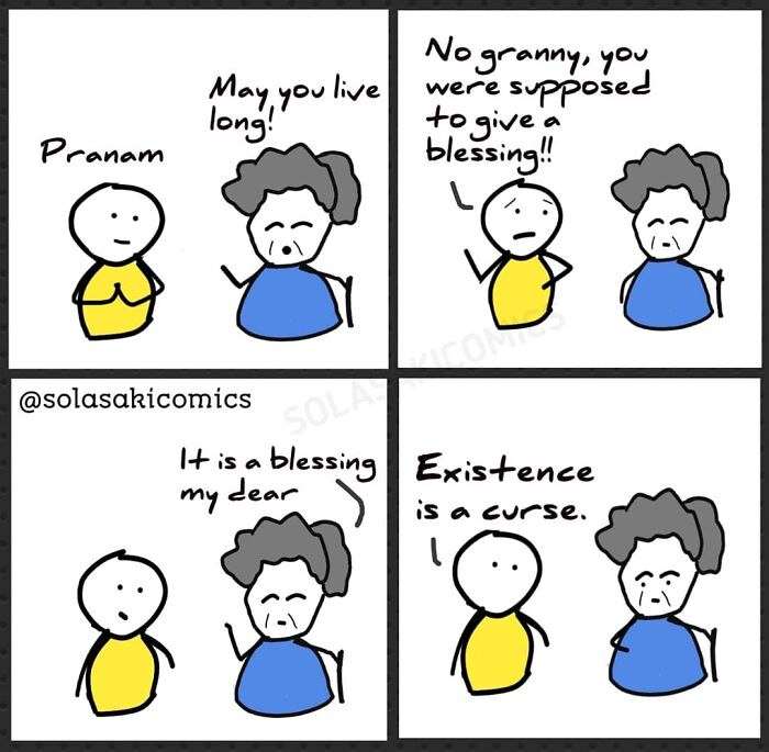 Two characters in a comic: one gives a humorous blessing, the other reacts with clever, hilarious skepticism.