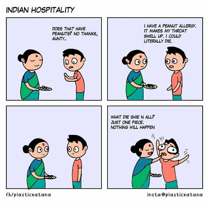 Comic strip depicting an absurd situation of Indian hospitality ending unexpectedly with a peanut allergy scenario.