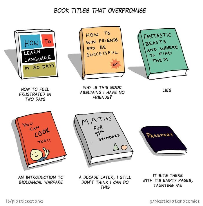 Comics with absurd book titles and unexpected endings by the artist.