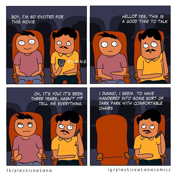 Comic strip depicting an absurd movie theater situation with unexpected ending, featuring two characters in conversation.