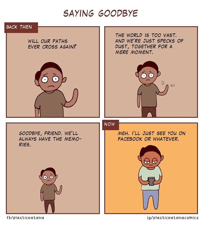 Comic depicting absurd situations and unexpected endings with a humorous take on saying goodbye.