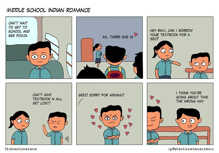 Comic strip of middle school romance with absurd situation and unexpected ending, featuring two students and a textbook request.