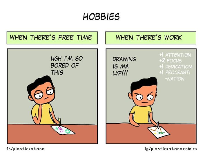 Comic illustrating absurd situations with unexpected endings; depicts contrasting attitudes toward drawing during free time and work.