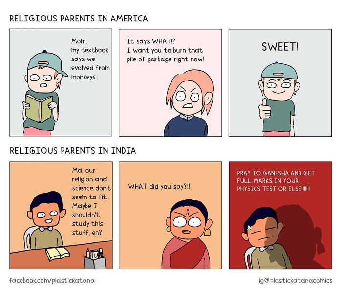 Comic depicting absurd situations with unexpected endings involving parents and education.