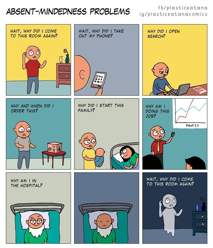 Comic strip illustrating absurd situations with unexpected endings and forgetfulness.