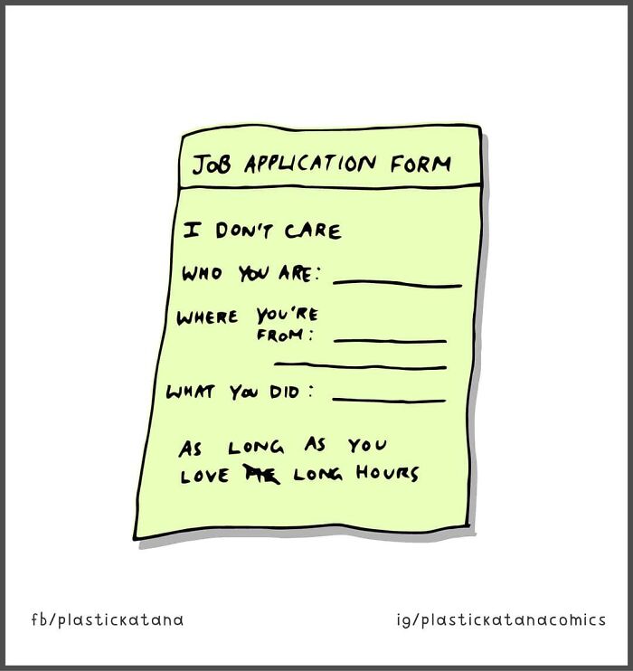 Job application comic with absurd form requirements, featuring unusual criteria focused on loving long hours.