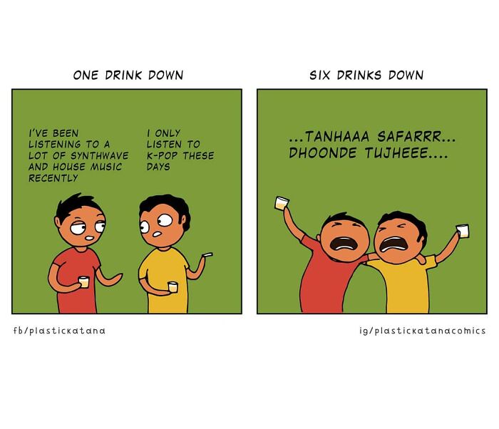 Two friends in a comic discuss music, then sing dramatically after drinks, illustrating an absurd situation.