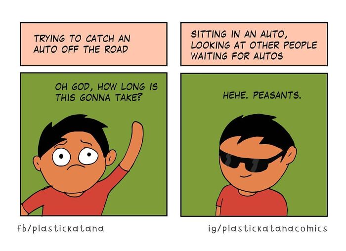 Comic depicting absurd situations with unexpected endings; a character struggles to catch an auto, then feels superior once inside.