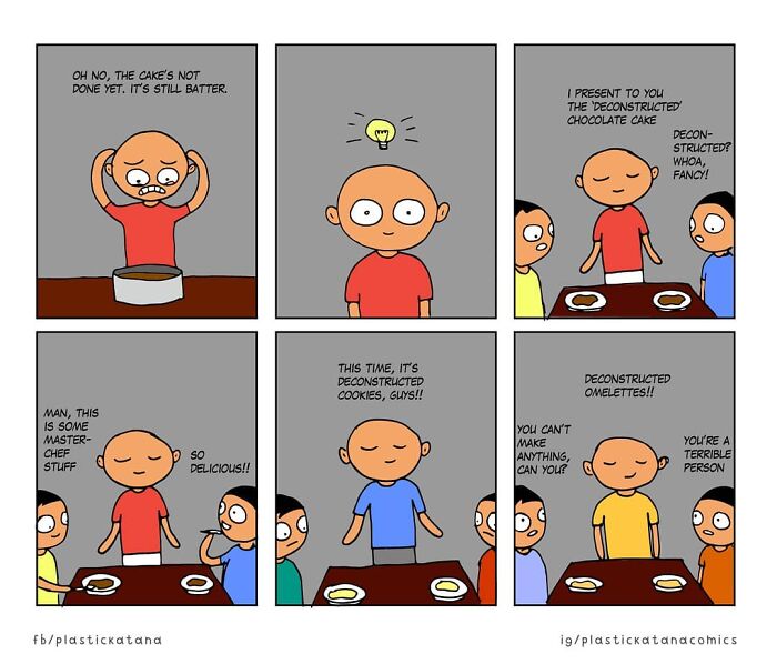Comic strip with absurd situations and unexpected endings, featuring deconstructed food like cake, cookies, and omelettes.