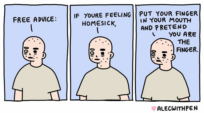 Comic by Alec With Pen humorously depicting mental health struggles with homesickness advice.