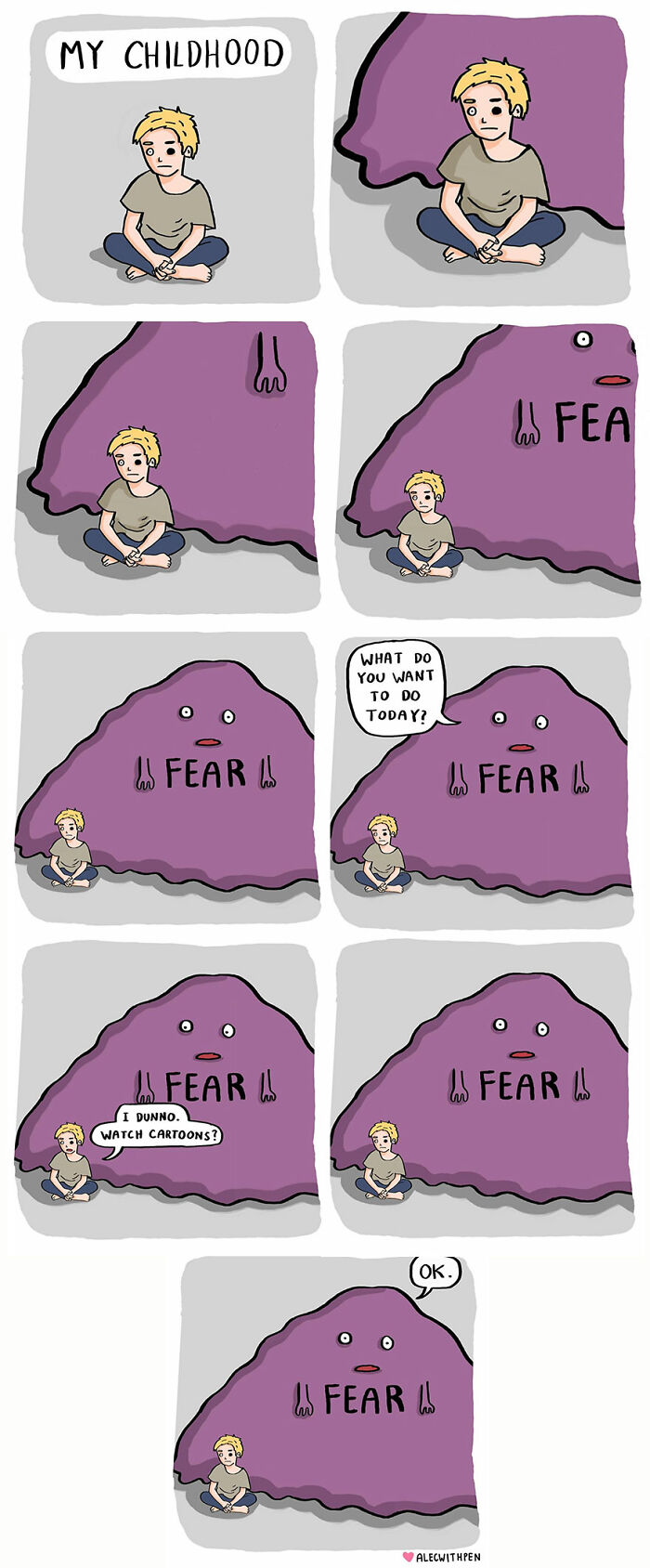 Comic by Alec With Pen illustrating humor in mental health, featuring a child and a large, purple creature labeled "Fear."