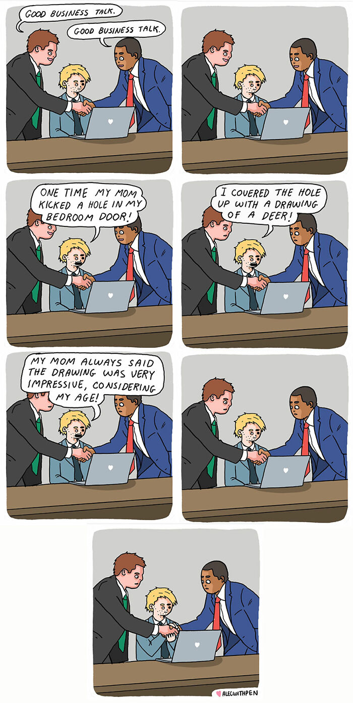 Comic depicting humor in mental health as a child shares a story about a door with two adults at a table.