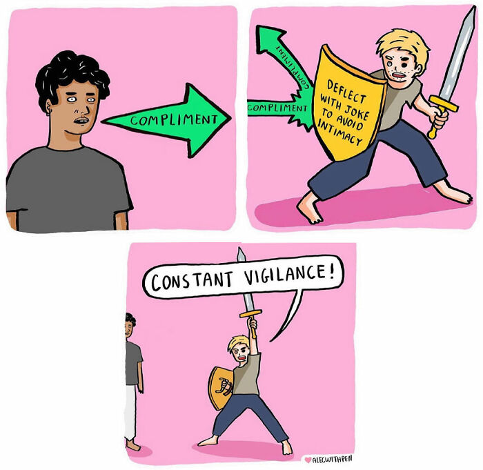 Comic depicting humor in mental health with a character deflecting compliments using a shield marked "avoid intimacy."