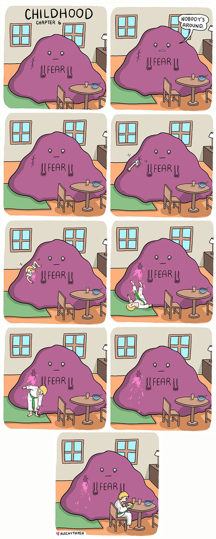 Comics humorously depicting mental health struggles with a blob labeled "fear" interacting with a child in a room.