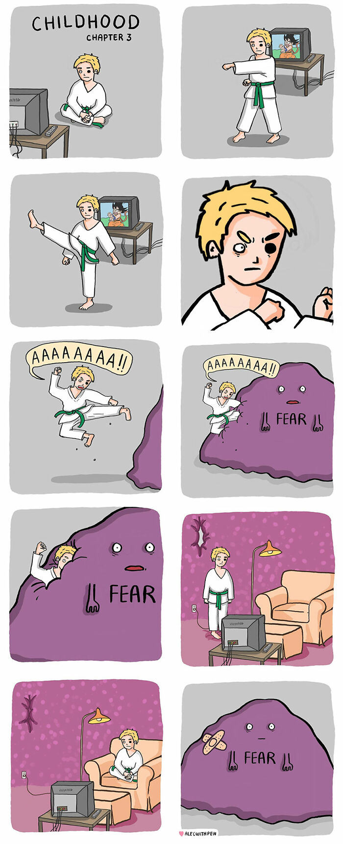 Childhood comic strip depicting humor in mental health struggles with a child facing a fear monster while training in karate.