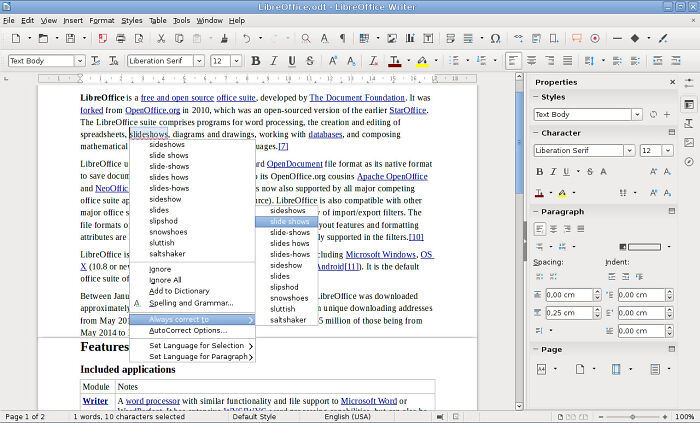 LibreOffice Writer interface, showcasing a free software document editing suite with various menu options and text formatting tools.
