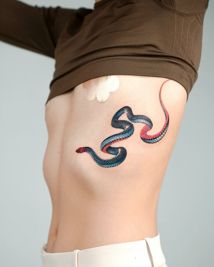Realistic tattoo of a blue and red snake on a person's side, showcasing the artist's skill.