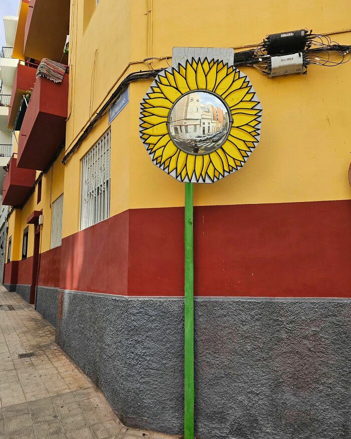 Street art by Oakoak: sunflower design on a traffic mirror, brightening an urban corner.