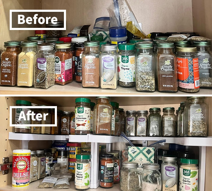 Before and after images of an organized pantry with neatly arranged spice jars.