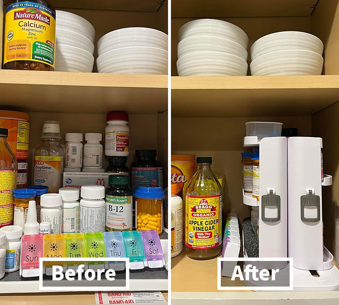 Before and after pantry organization showcasing simple products for fridge and pantry reinvention.