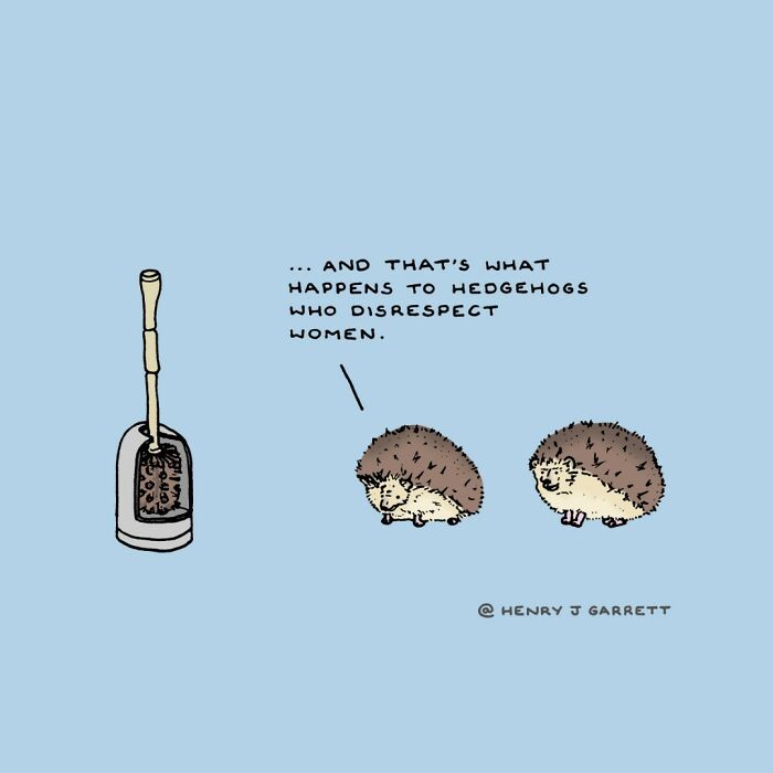 Cartoon by Henry James Garrett featuring hedgehogs discussing respect for women.