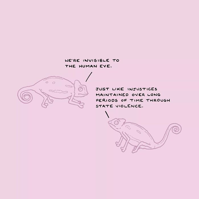 Cartoon chameleons discuss invisibility of social justice issues, relating to state violence.