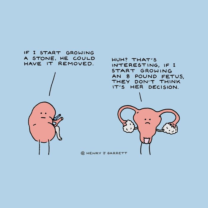 Cartoon of a kidney and uterus discussing social justice themes, highlighting bodily autonomy and decision-making rights.