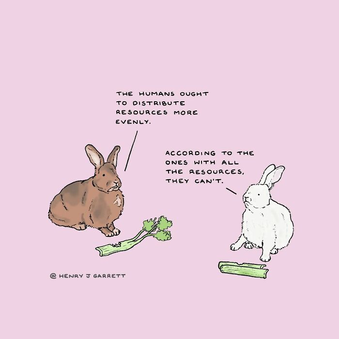Two rabbits discuss resource distribution, highlighting social justice themes.