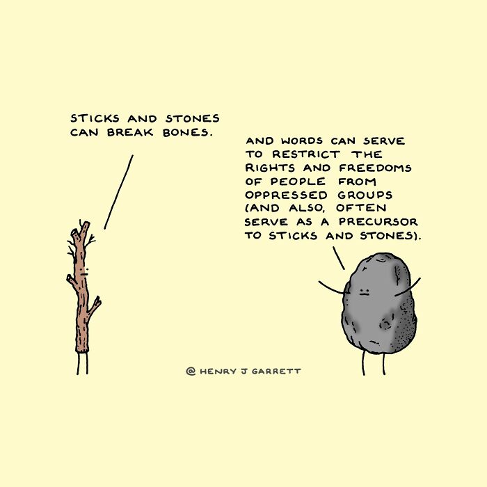 Stick and stone cartoon with social justice message about words and oppression.