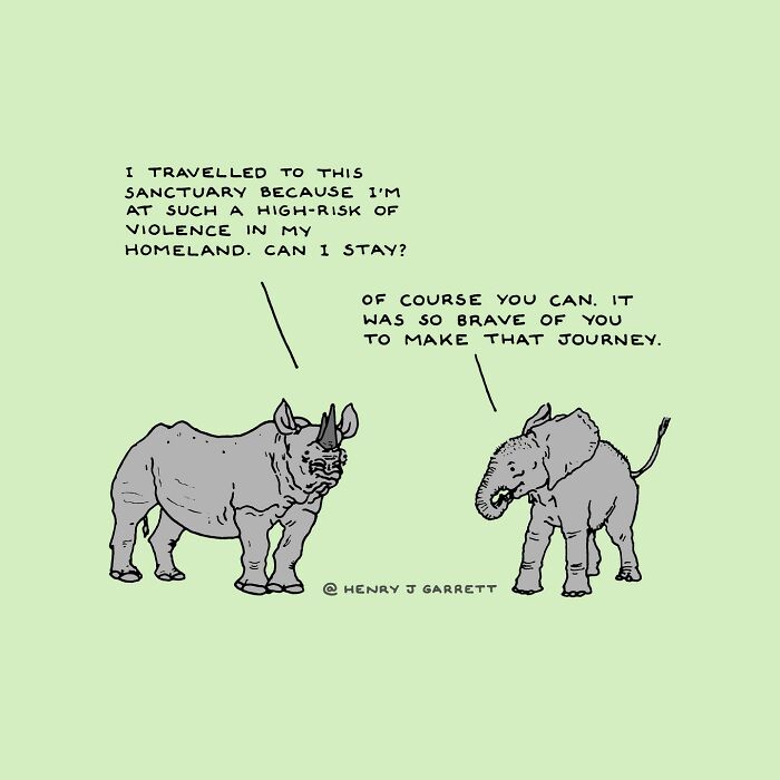 A rhino and an elephant discuss seeking sanctuary in a cartoon by Henry James Garrett, highlighting social justice themes.