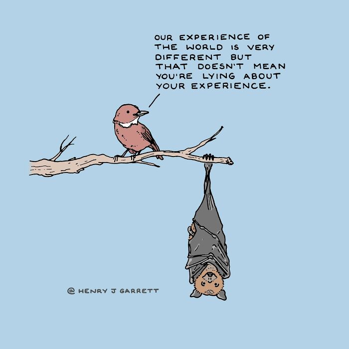 Bird and bat discussing diverse world experiences, illustrated by Henry James Garrett.