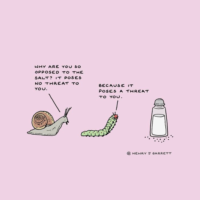 Snail and caterpillar discuss social justice, with a salt shaker nearby, cartoon by Henry James Garrett.