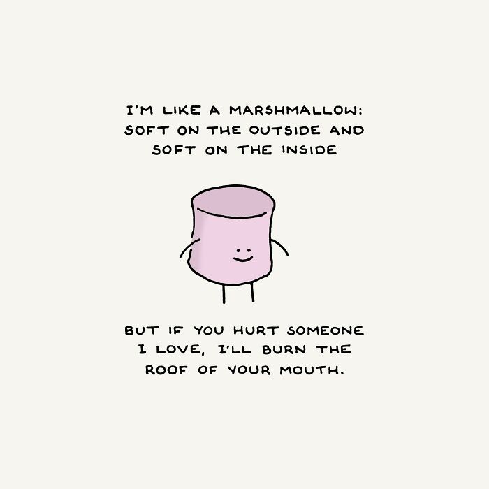 Cartoon of a smiling marshmallow with arms, expressing a mix of kindness and assertiveness, emphasizing social justice.