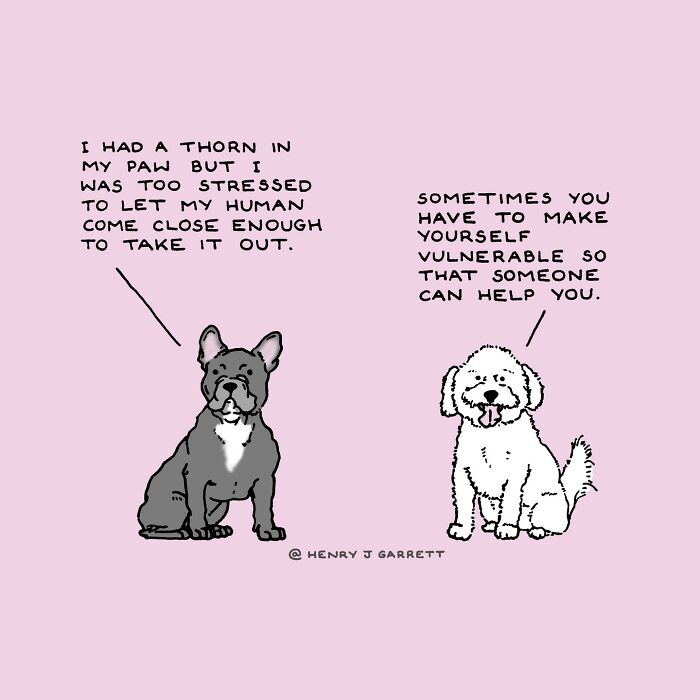 Two dogs discussing vulnerability and social justice themes in a cartoon by Henry James Garrett.