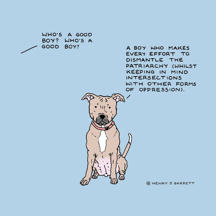 A dog in a cartoon addressing social justice themes with humorous text about dismantling patriarchy.