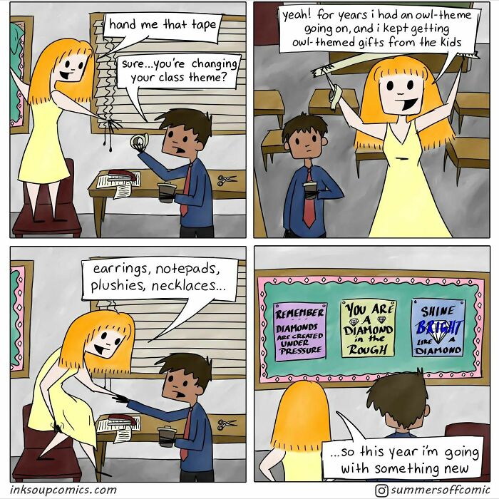 Comic showing a teacher humorously sharing her struggles with changing classroom themes and gifts from students.