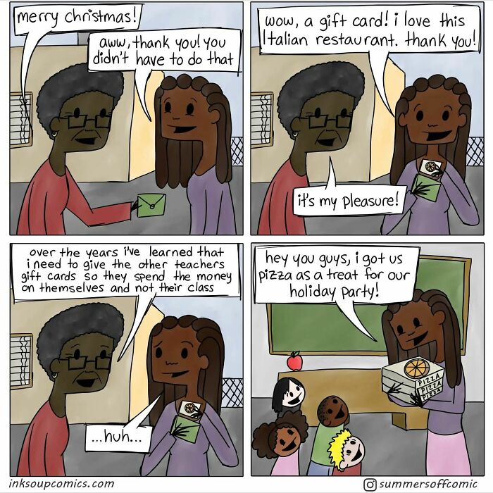 Comic panels showing a teacher humorously sharing struggles and holiday gift card tips with colleagues and students.
