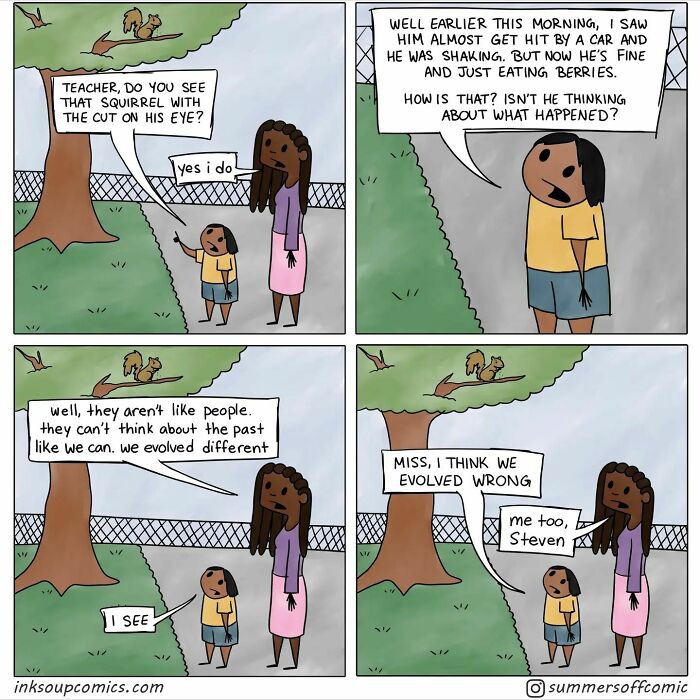 Comic strip showing a teacher and student humorously discussing the struggles of teaching and evolution of thinking.