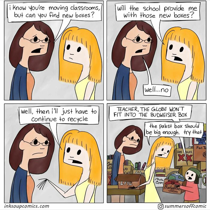 Comic strip humorously depicting the struggles of teaching with recycled boxes and classroom moving challenges.