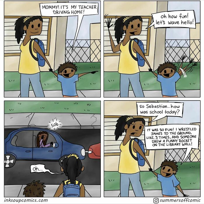 Cartoon showing a humorous teacher comic about the struggles and funny moments of teaching and school life.