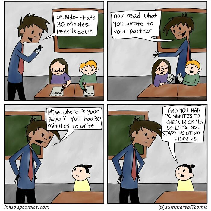 Cartoon comic showing a teacher humorously dealing with classroom struggles during a timed writing exercise.