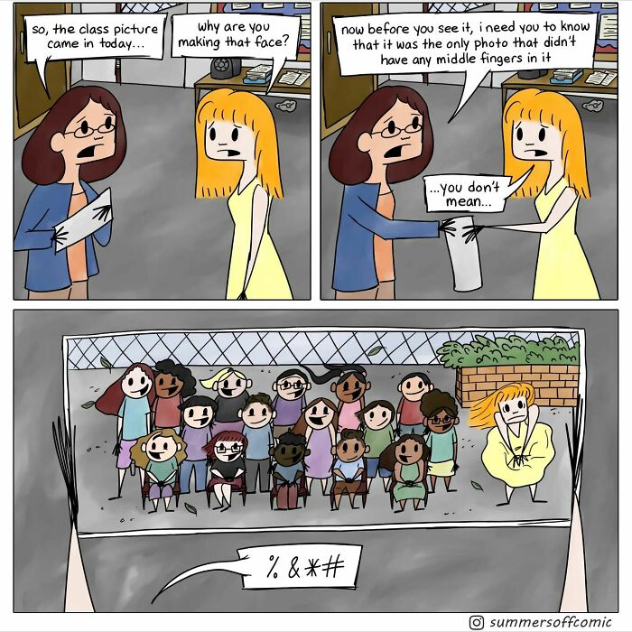 Humorous teacher’s comic shows a class picture with a student worried about the only photo without middle fingers.