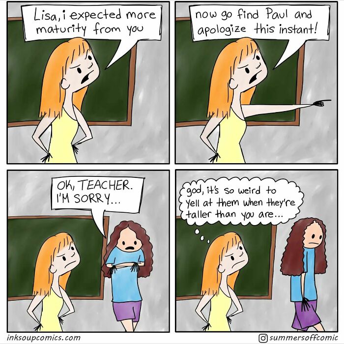 Teacher’s comic shows humorous struggles of teaching as a frustrated teacher deals with taller students in class.